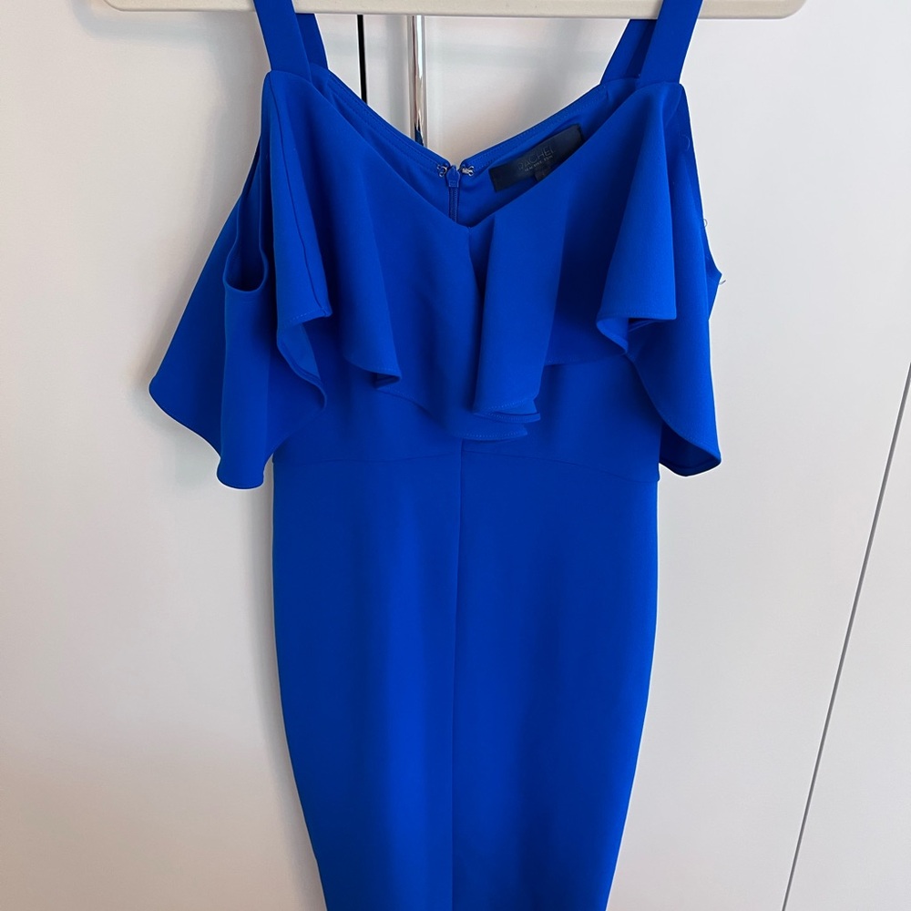 Rachel Blue Ruffled Sheath Dress Cold Shoulder